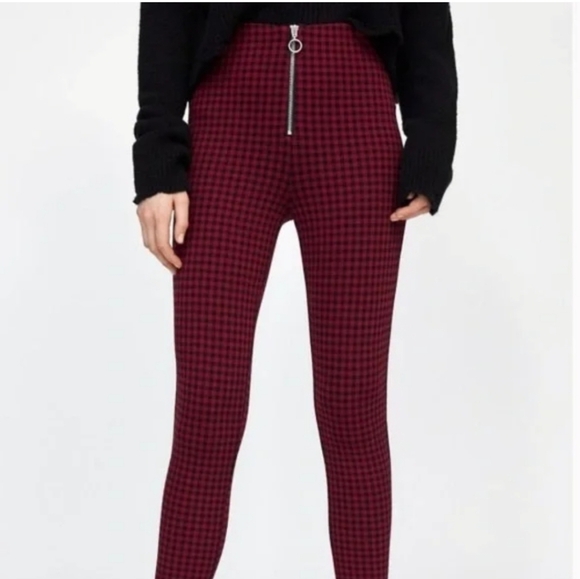 Zara Red Black Buffalo Check Mini Plaid Zip Strech Knit Pants High Rise Leggings - Picture 2 of 9